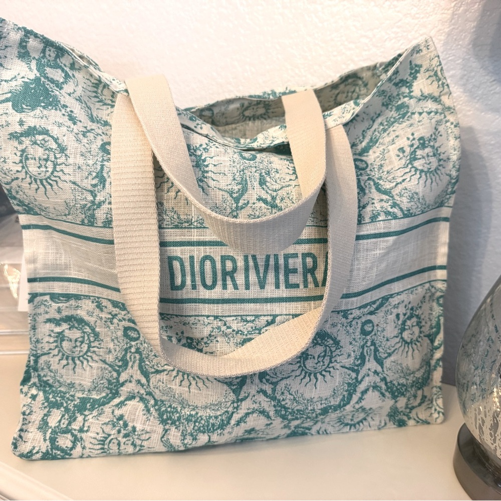 GWP CHRISTIAN DIOR Straw Canvas Dioriviera Toile de Jouy Soleil Tote Aquamarina